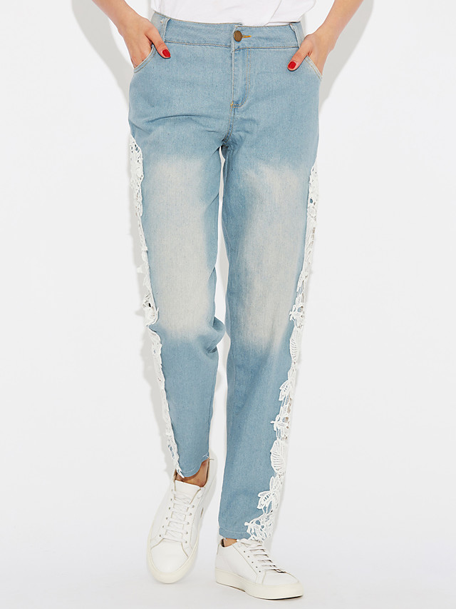 Damskie elastyczne jeansy z koronką - obrazek 3