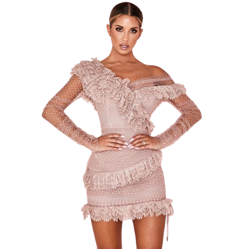 Damska sukienka bandażowa z koronką w kolorze KREMOWYM !