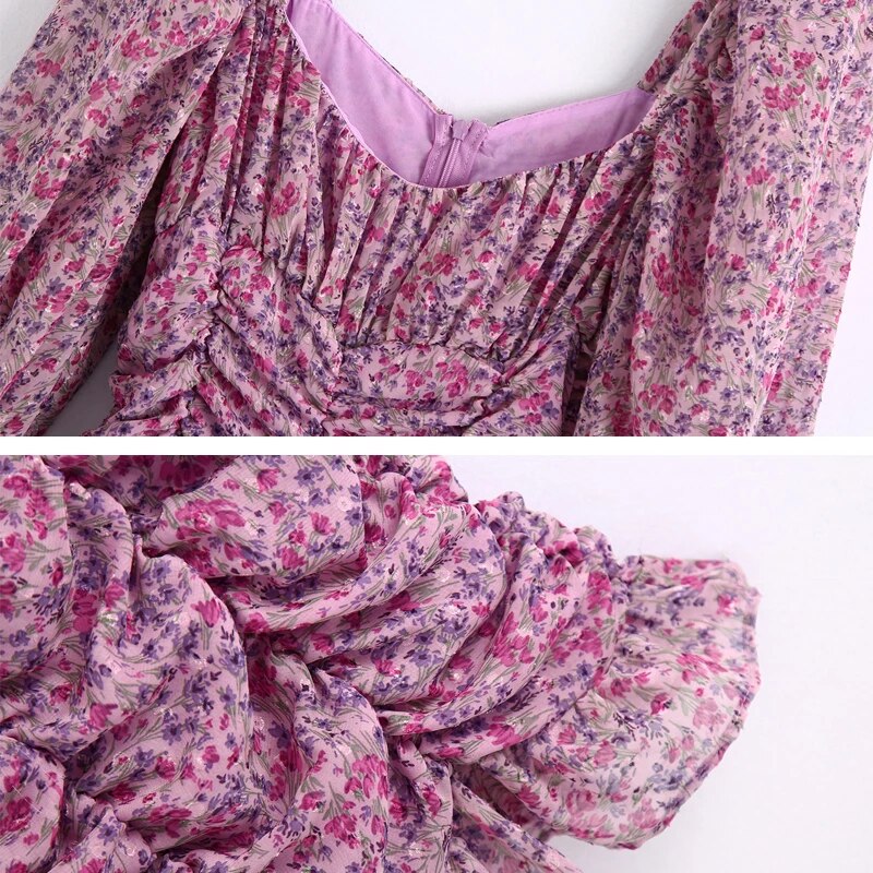 Damska kwiatowa sukienka z bufiastymi rękawami - obrazek 3