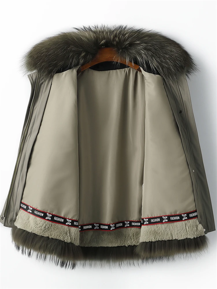 Damska krótka ocieplana parka ze sztucznym futrem KHAKI - obrazek 3