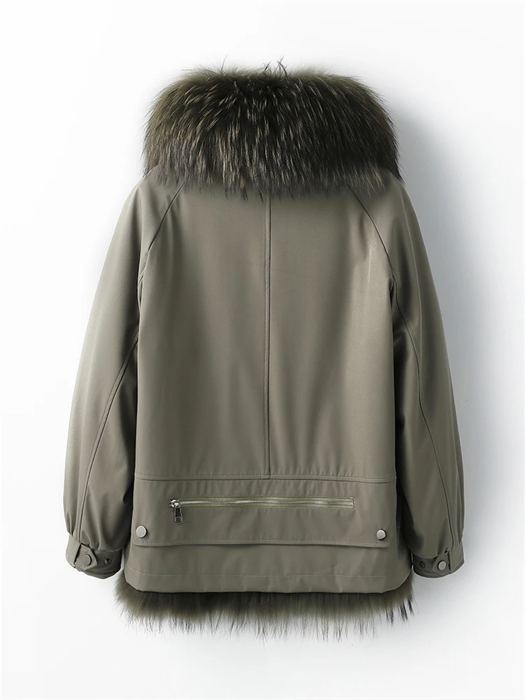 Damska krótka ocieplana parka ze sztucznym futrem KHAKI - obrazek 2