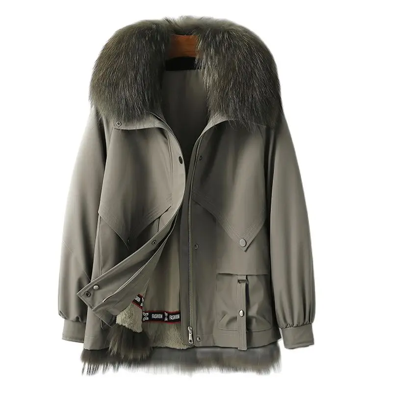 Damska krótka ocieplana parka ze sztucznym futrem KHAKI