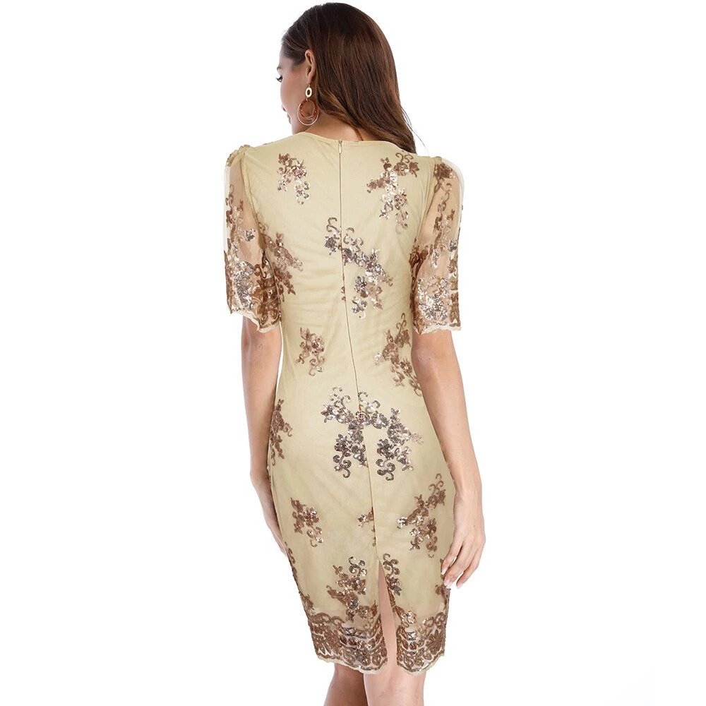 Damska cekinowa sukienka z bufiastym rękawem - obrazek 2