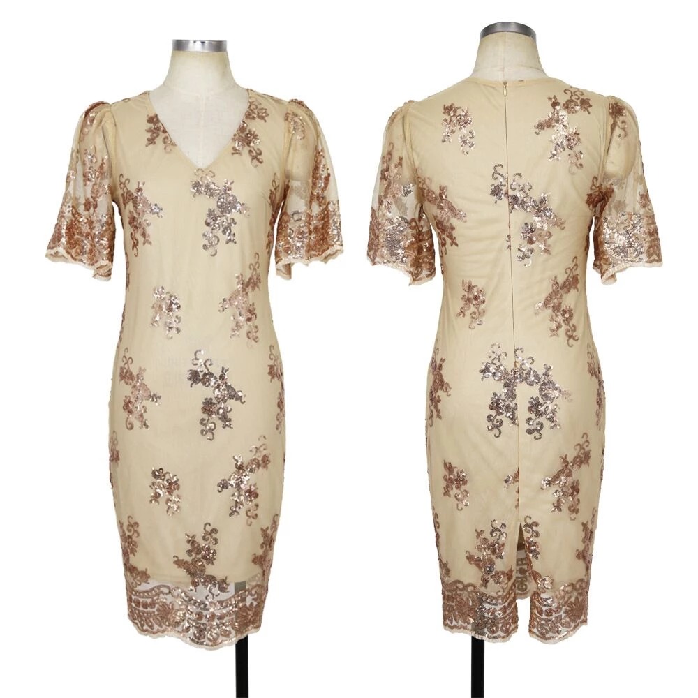 Damska cekinowa sukienka z bufiastym rękawem - obrazek 3