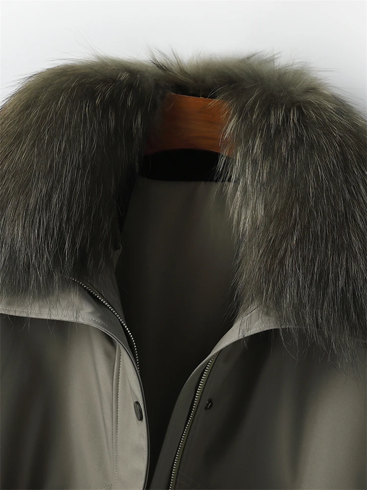 Damska krótka ocieplana parka ze sztucznym futrem KHAKI - obrazek 4