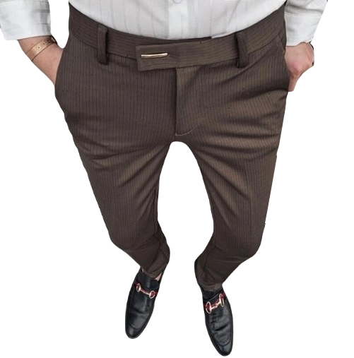 Eleganckie spodnie slim w paski brązowe