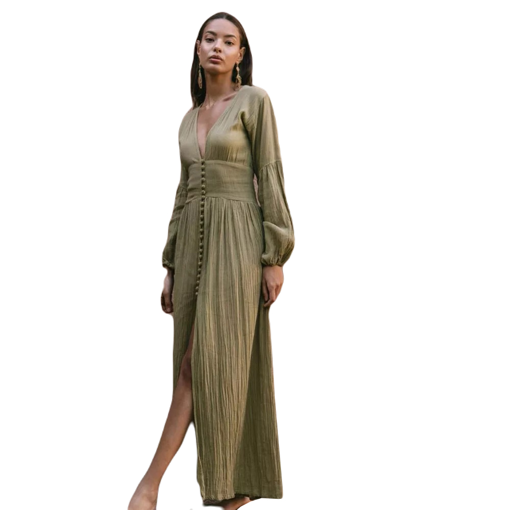 Plisowana maxi sukienka z długim rękawem