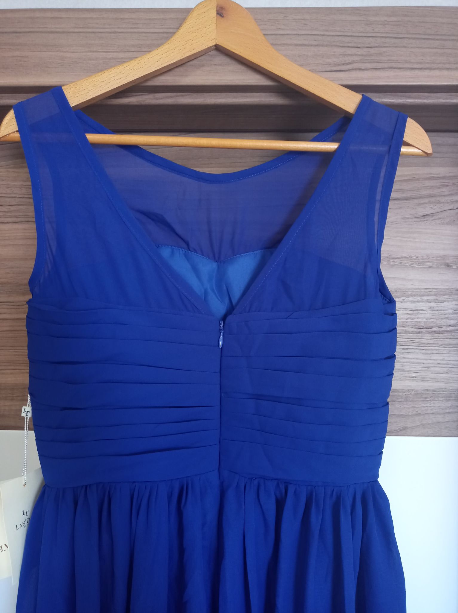 Damska chabrowa suknia szyfonowa bez rękawów - obrazek 4