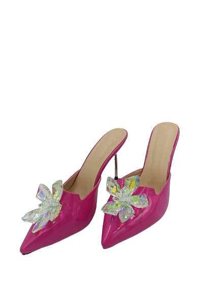 Damskie lakierowane klapki z kryształowym kwiatem