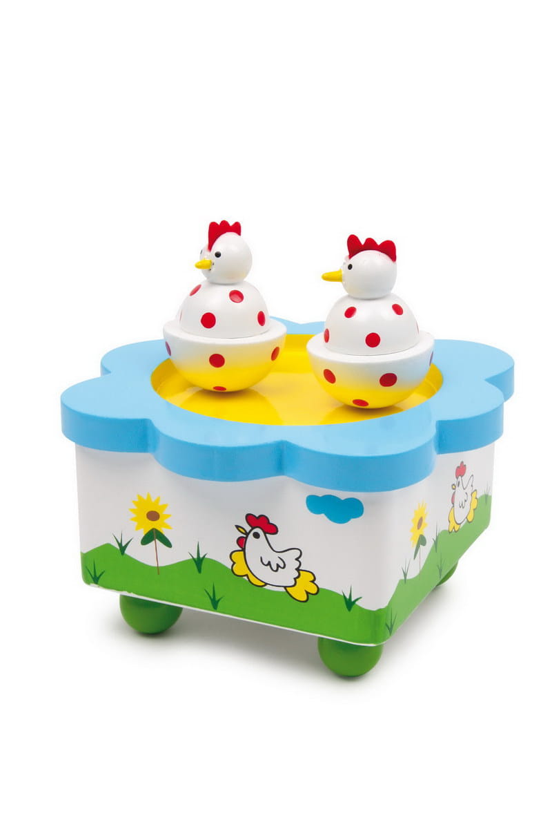 DREWNIANA POZYTYWKA TAŃCZĄCE KURY Z MELODIĄ 11 CM