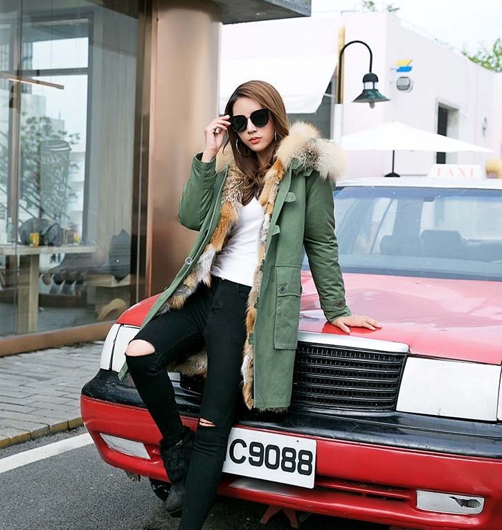 Damska parka 3w1 z odpinaną futrzaną podszewką khaki - obrazek 3