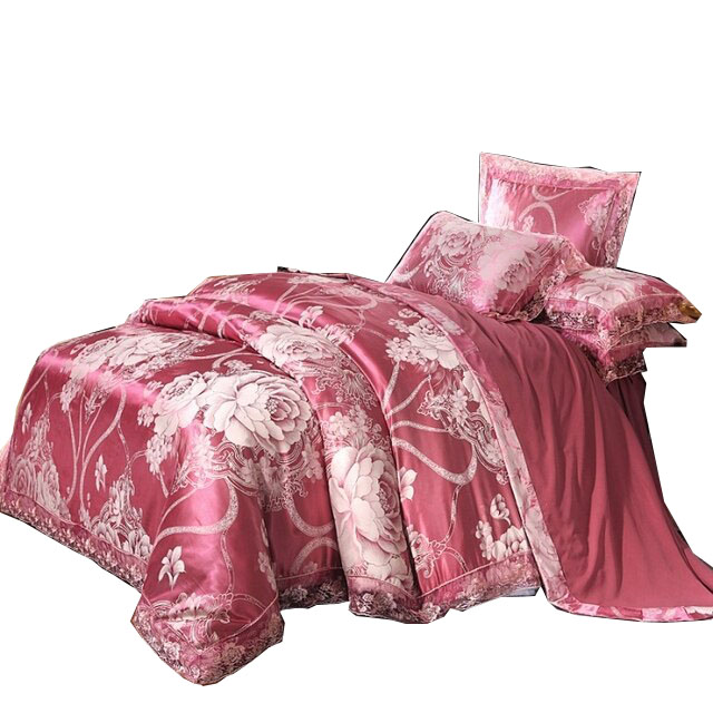 4-częściowy Zestaw Pościeli Satynowej z Kwiatowym Różowy 200x220