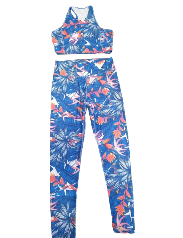 Dwuczęściowy komplet fitness top+ legginsy nadruk Tropical