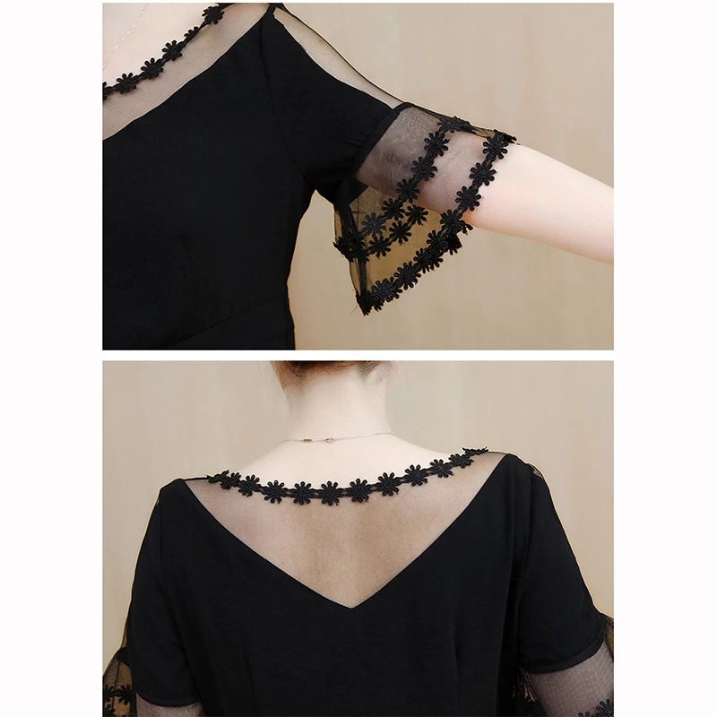 Czarna sukienka z ozdobnym tiulowym rękawem - obrazek 3