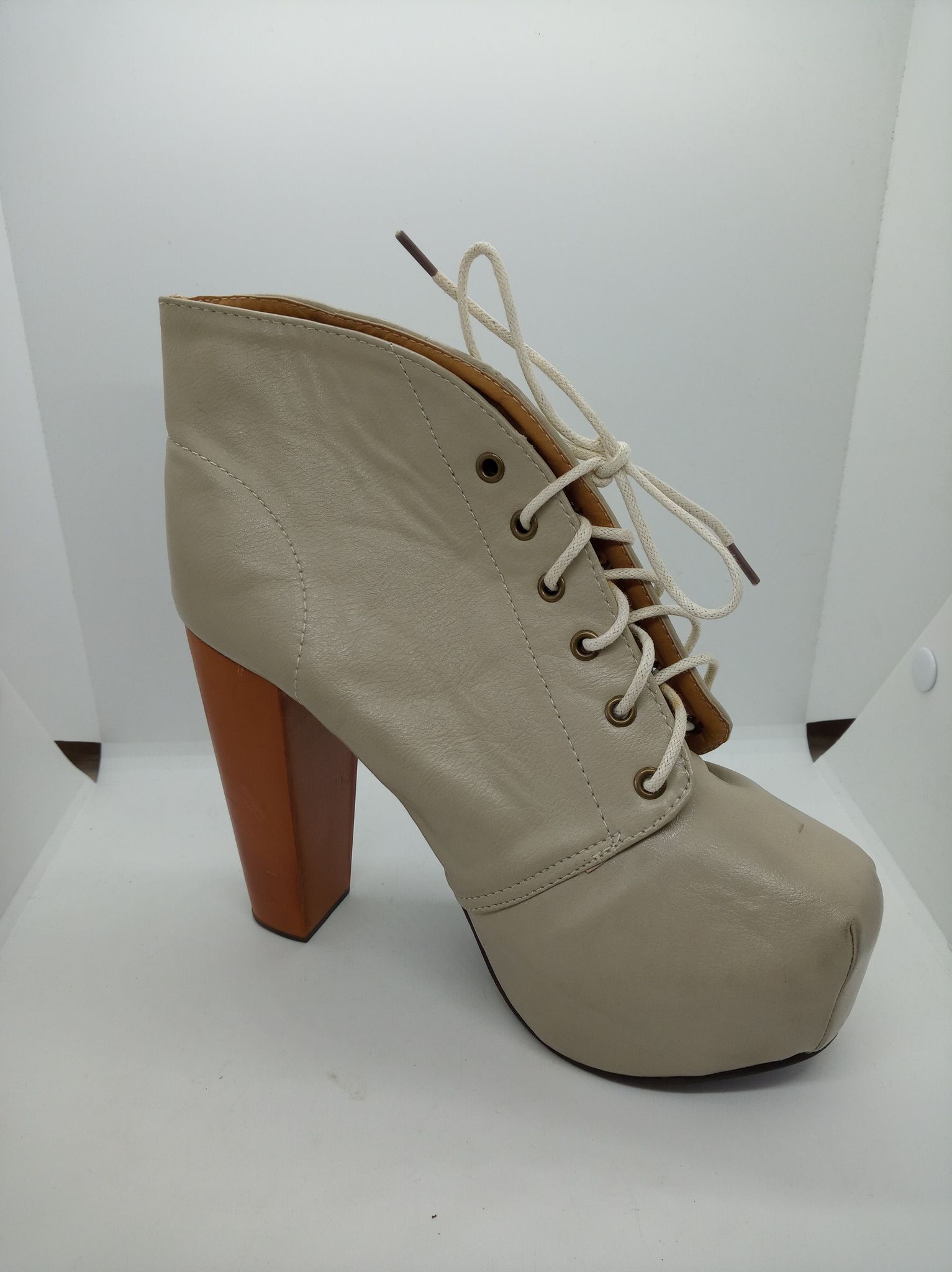 Beżowe botki na platformie ze skóry ekologicznej 22,5cm - obrazek 3