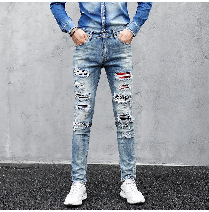 Męskie jeansowe proste spodnie z dziurami - obrazek 5