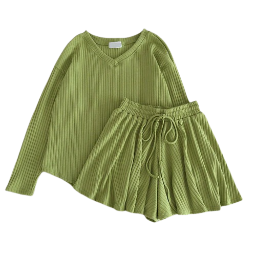 Damski prążkowany luźny komplet KOSZULKA+SZORTY