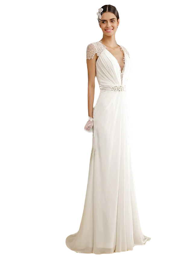 Elegancka Suknia Ślubna z Koronkowymi Rękawkami i Dekoltem w Literę V