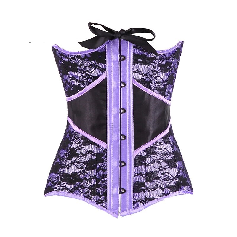 Fioletowy gorset ze stringami z koronką - obrazek 2