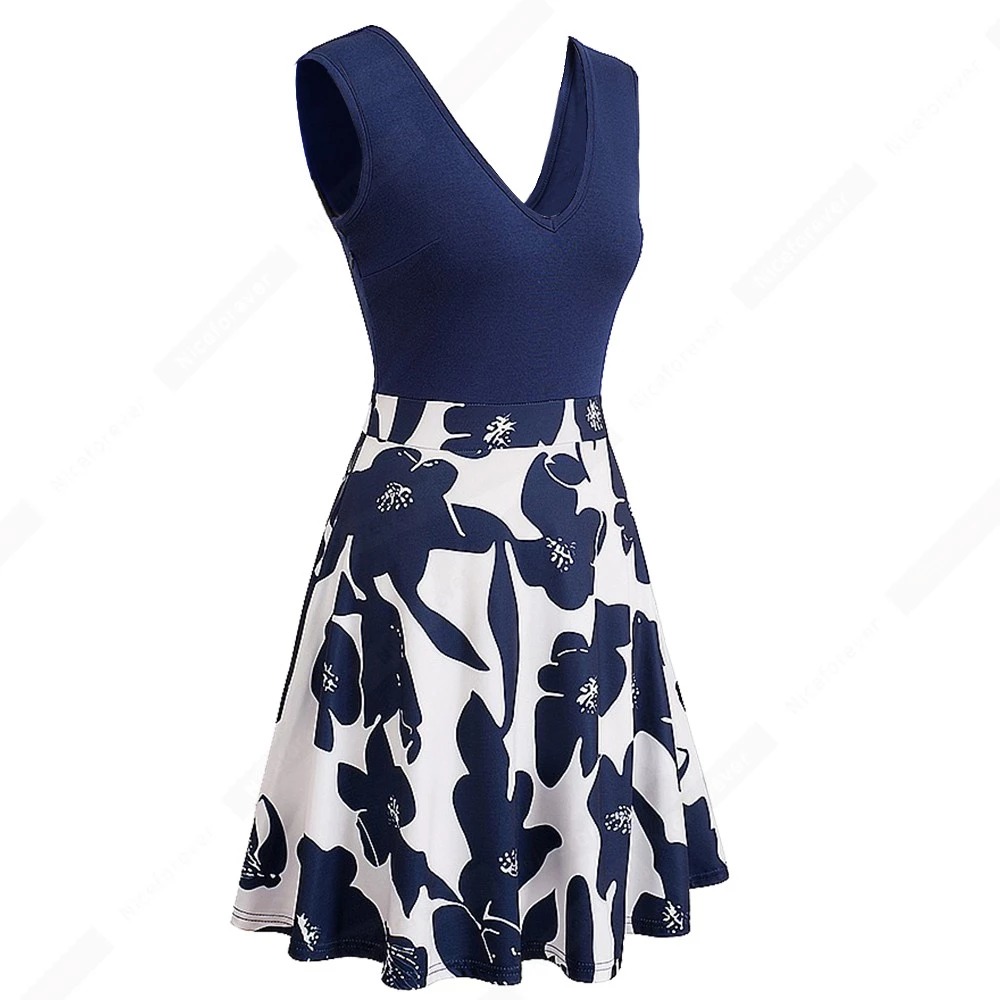 Kwiatowa sukienka bez rękawów granatowa - obrazek 2