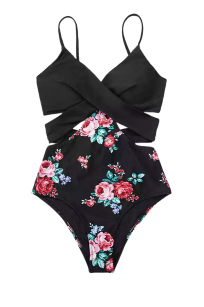 CUPSHE Jednoczęściowy kostium kąpielowy z czarnymi i kwiatowymi wycięciami