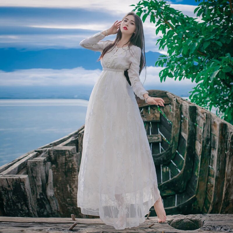 Maxi damska sukienka z haftem Boho - obrazek 2