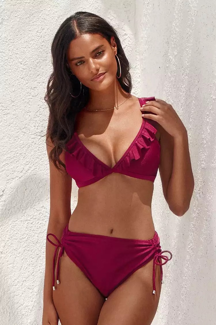 CUPSHE Dwuczęściowe bikini ściągane sznurkiem Savannah w kolorze burgundowym z falbanką - obrazek 5