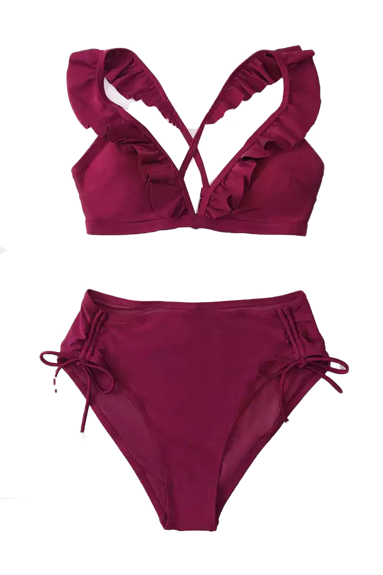 CUPSHE Dwuczęściowe bikini ściągane sznurkiem Savannah w kolorze burgundowym z falbanką