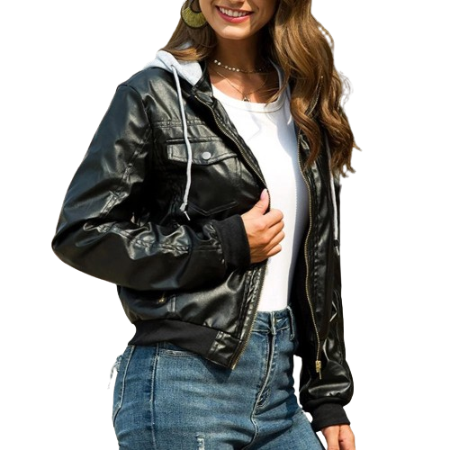 Damska kurtka ze sztucznej skóry z kapturem