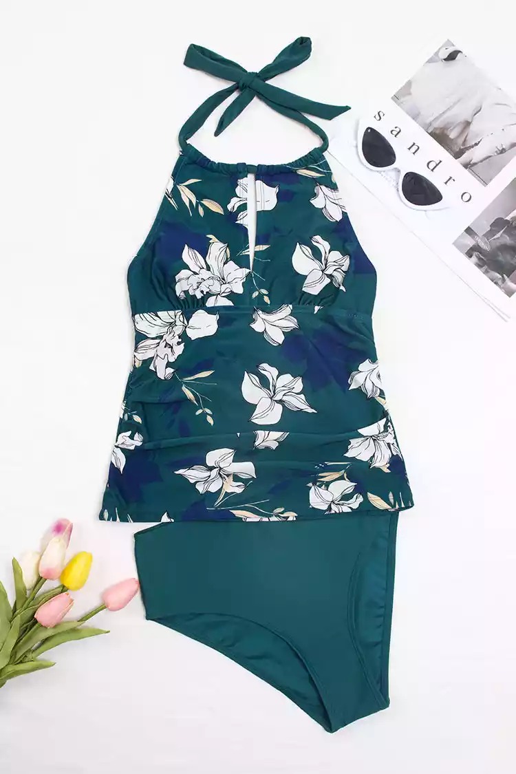 CUPSHE Dwuczęściowe kwieciste bikini tankini z wysokim stanem - obrazek 7