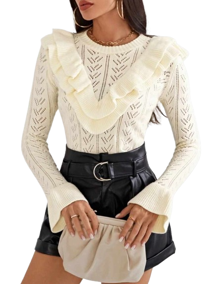 Damski sweter z falbankami biały