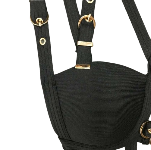 Damska seksowna czarna sukienka z paskami - obrazek 3