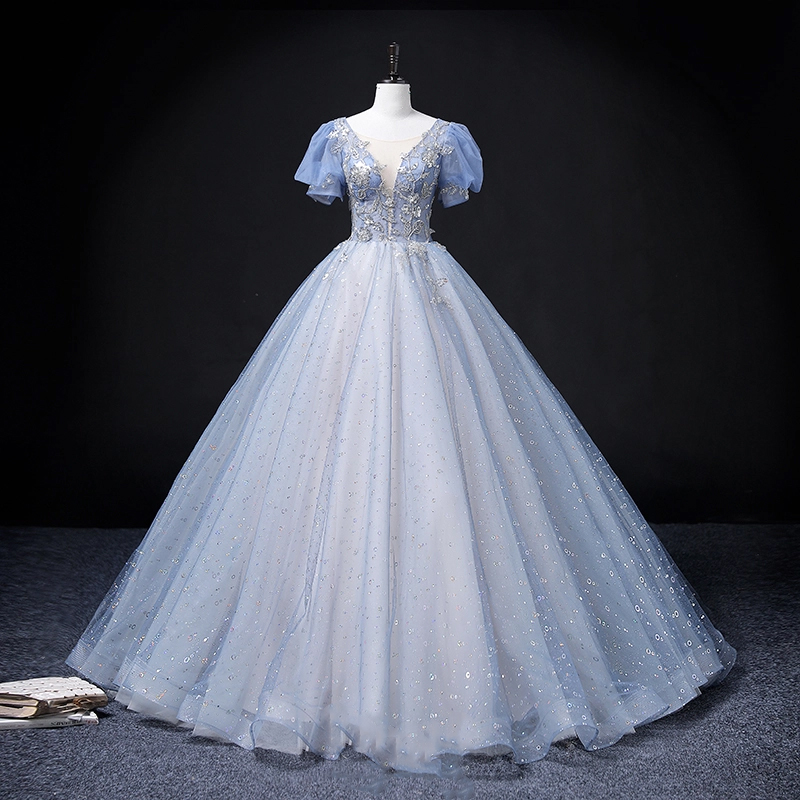 Suknia balowa bufiaste rękawy błyszcząca - obrazek 2