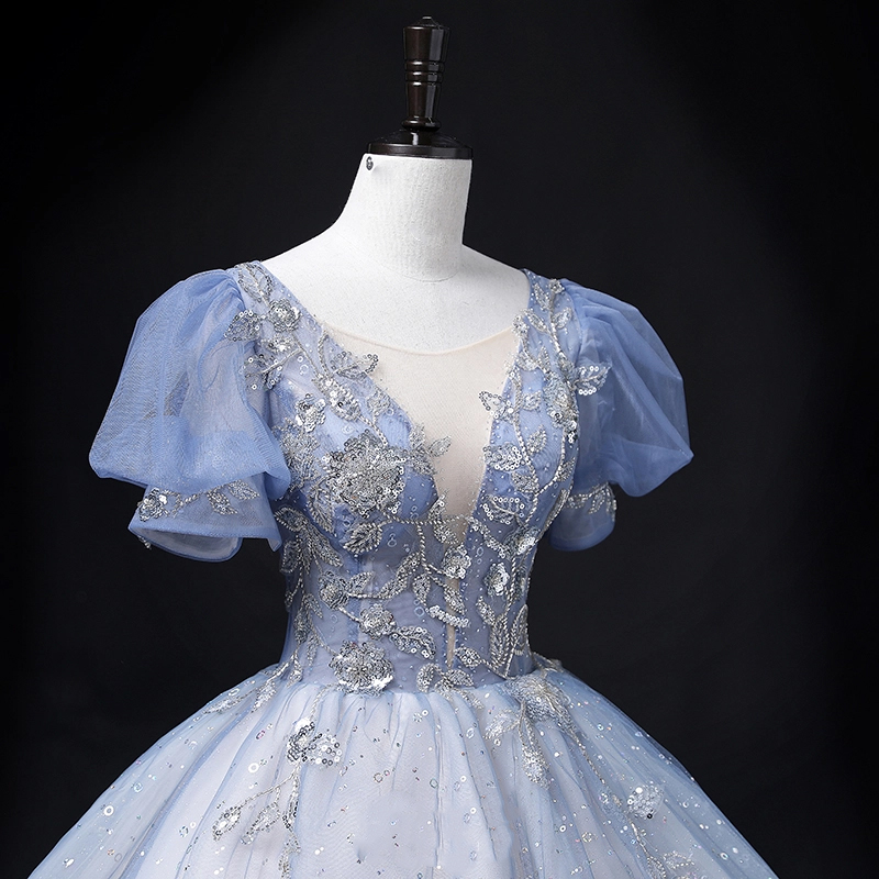 Suknia balowa bufiaste rękawy błyszcząca - obrazek 4