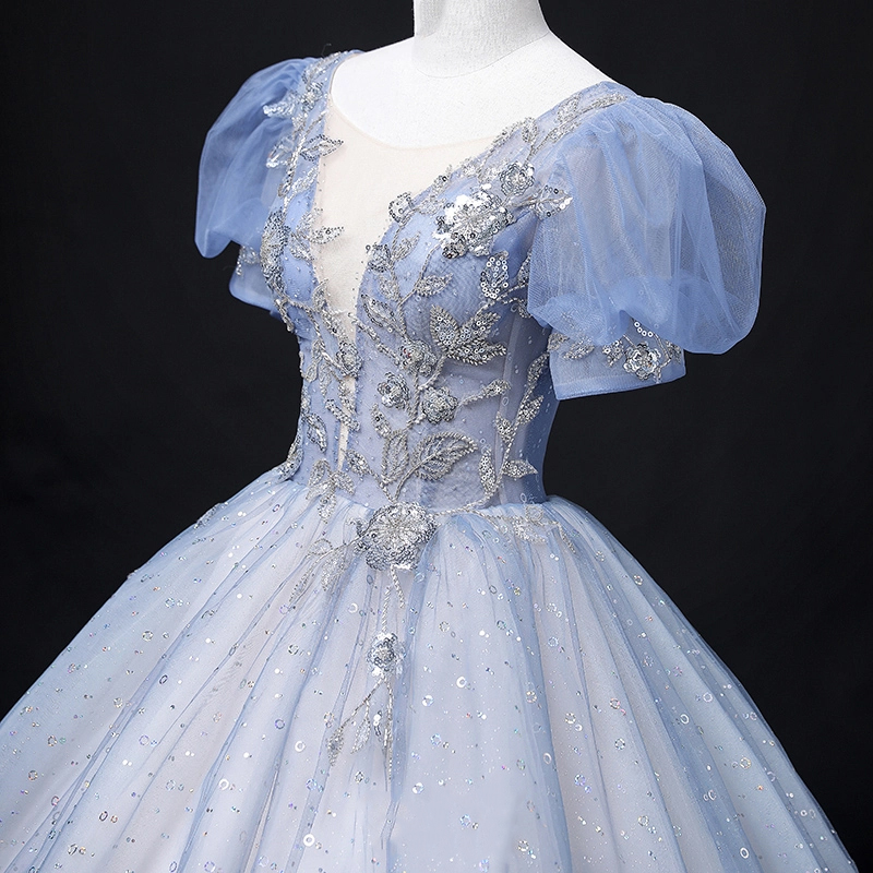 Suknia balowa bufiaste rękawy błyszcząca - obrazek 5