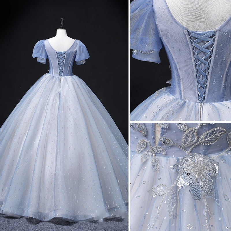 Suknia balowa bufiaste rękawy błyszcząca - obrazek 6