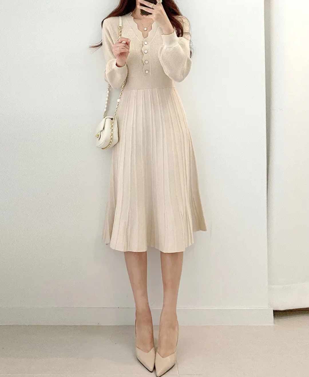 Damska dzianinowa sukienka midi kolor Ecru - obrazek 2