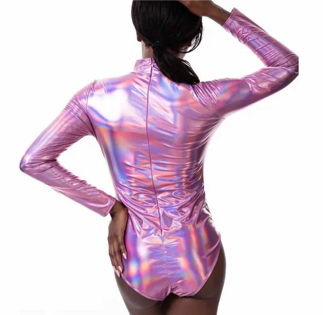 Błyszczące holograficzne damskie body z długim rękawem XL - obrazek 2