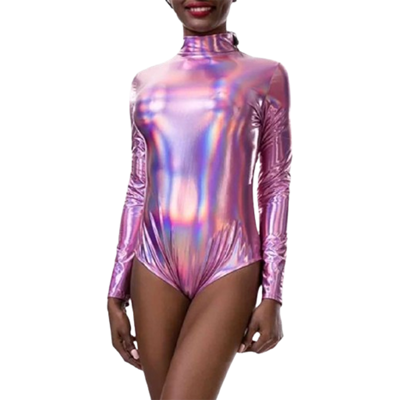 Błyszczące holograficzne damskie body z długim rękawem XL