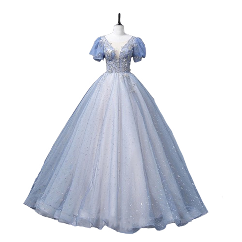 Suknia balowa bufiaste rękawy błyszcząca