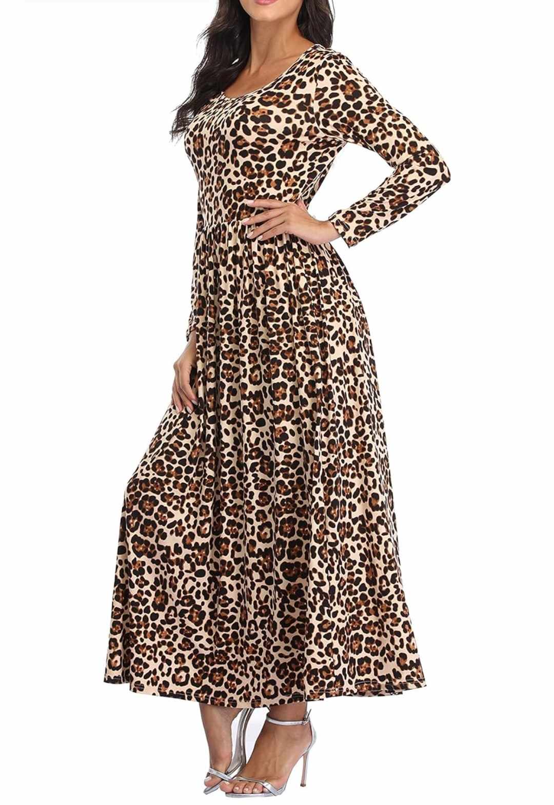 Sukienka maxi panterka z długim rękawem - obrazek 3