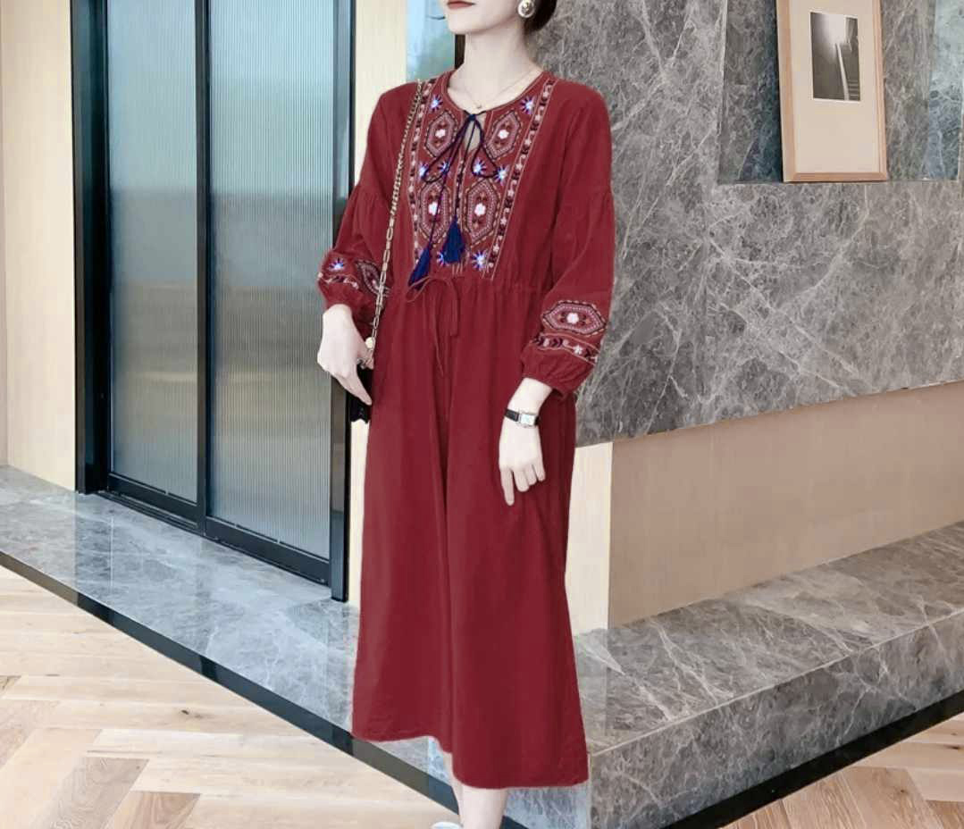 Sukienka Haftowana bordowa boho rozmiar S - obrazek 2