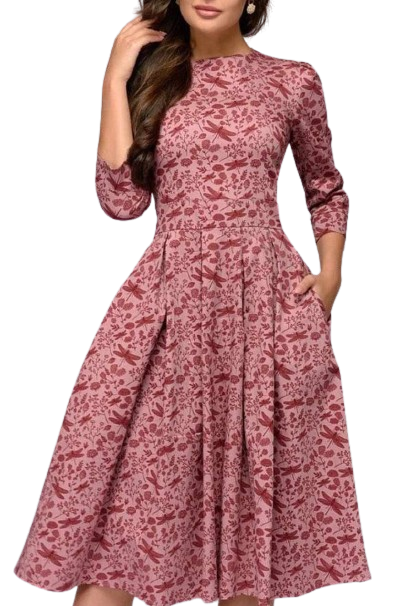 Rozkloszowana wzorzysta sukienka midi z 3/4 rękawem - obrazek 2