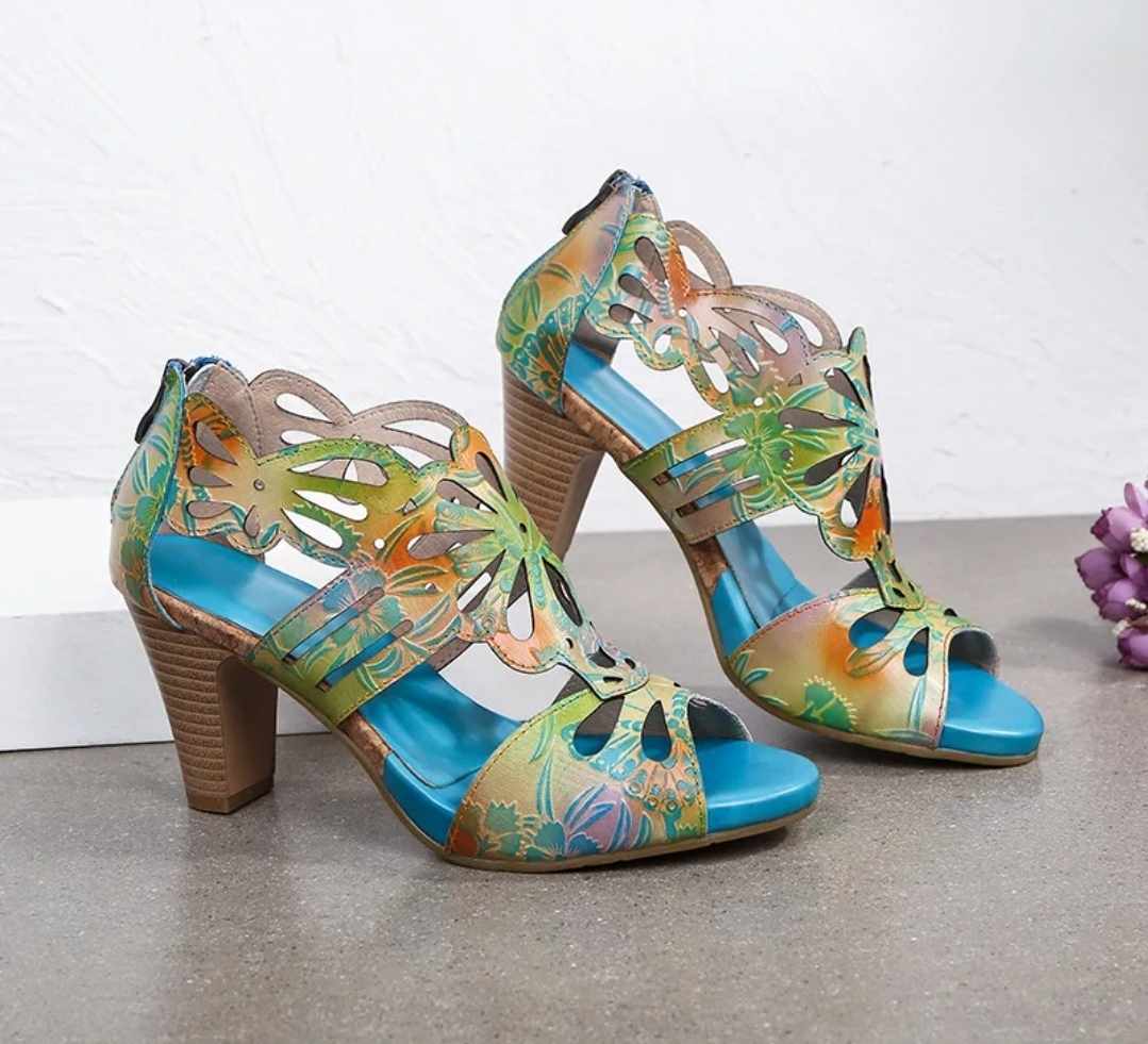 Damskie wielokolorowe sandały na obcasie - obrazek 2