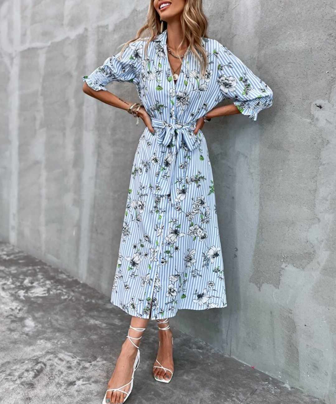 Rozkloszowana sukienka midi z 3/4 rękawem rozmiar S - obrazek 6