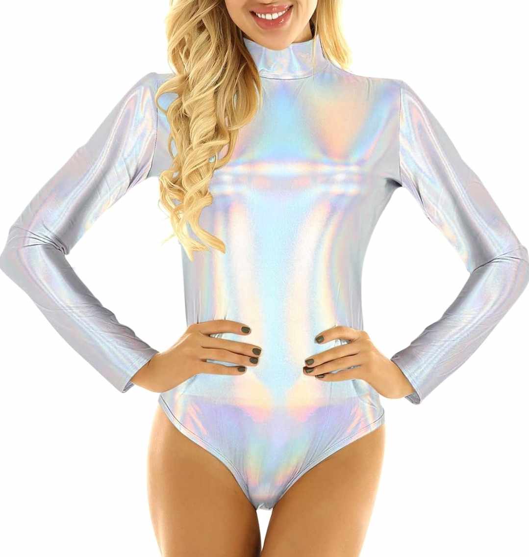 Błyszczące holograficzne srebrne body z długim rękawem L/XL - obrazek 2