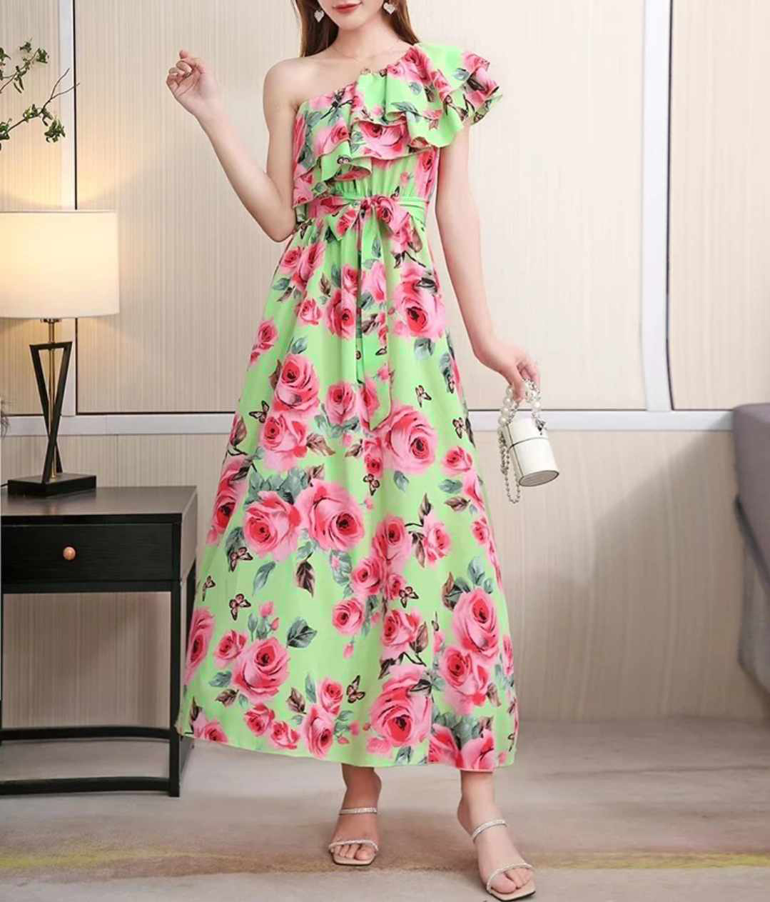 Sukienka midi w kwiaty na jedno ramię rozmiar S - obrazek 2