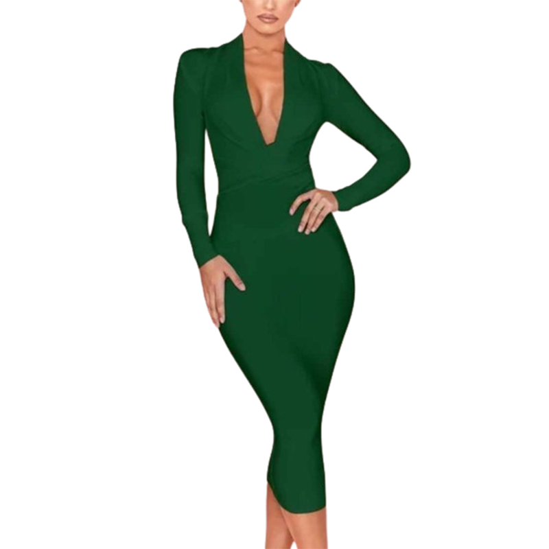 Bandażowa zielona sukienka midi z długim rękawem