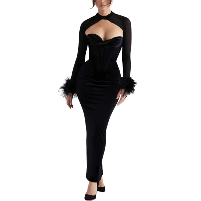 Elegancka welurowa czarna sukienka maxi rozmiar M