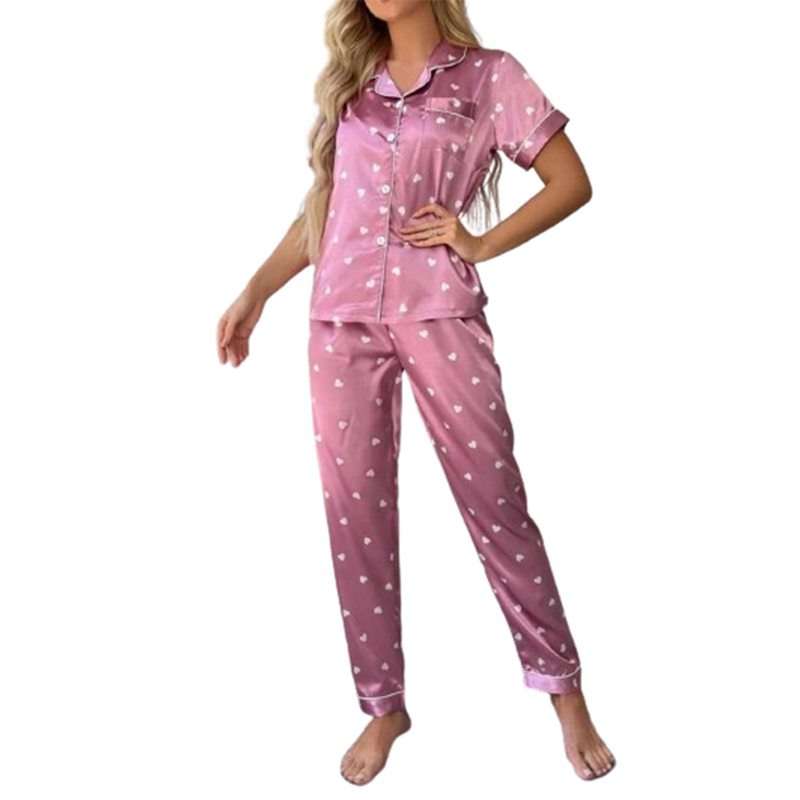 Damska satynowa piżama różowa w serduszka rozmiar S